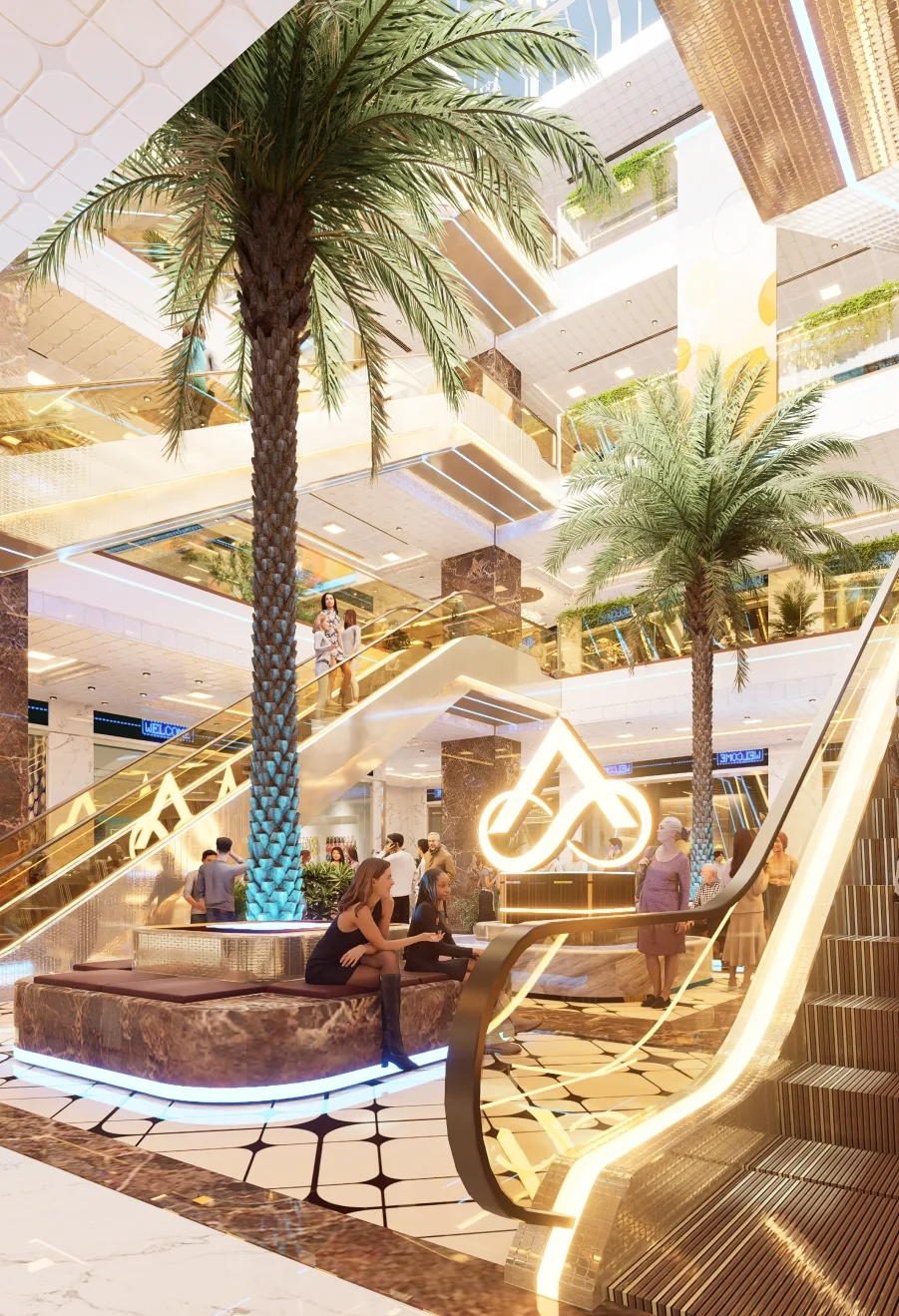 Grand atrium with feature palm and escalators