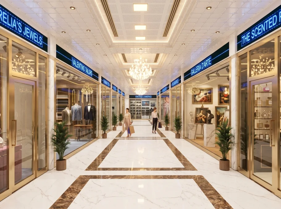Retail corridor lined with brand storefronts